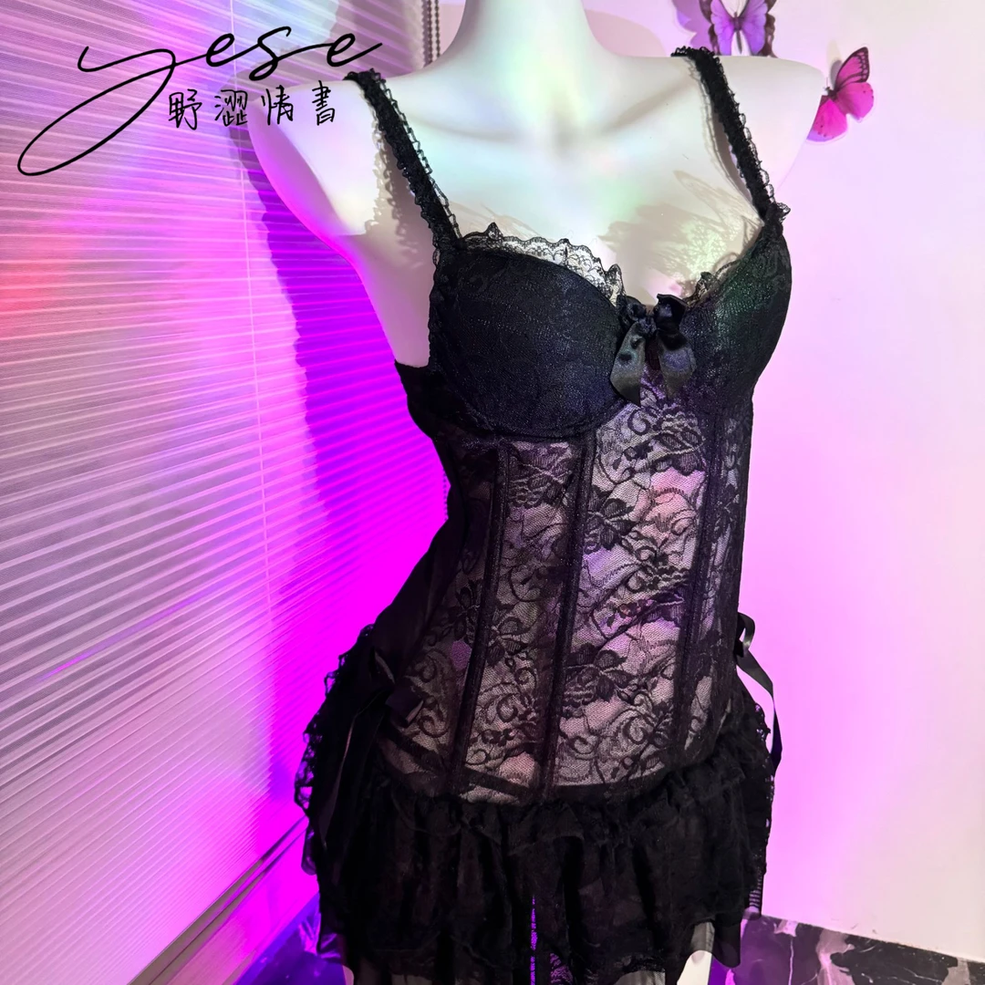 【祭月】Yese野涩情书黑蕾丝气质制服春夏纯欲火辣显瘦性感蓬蓬裙