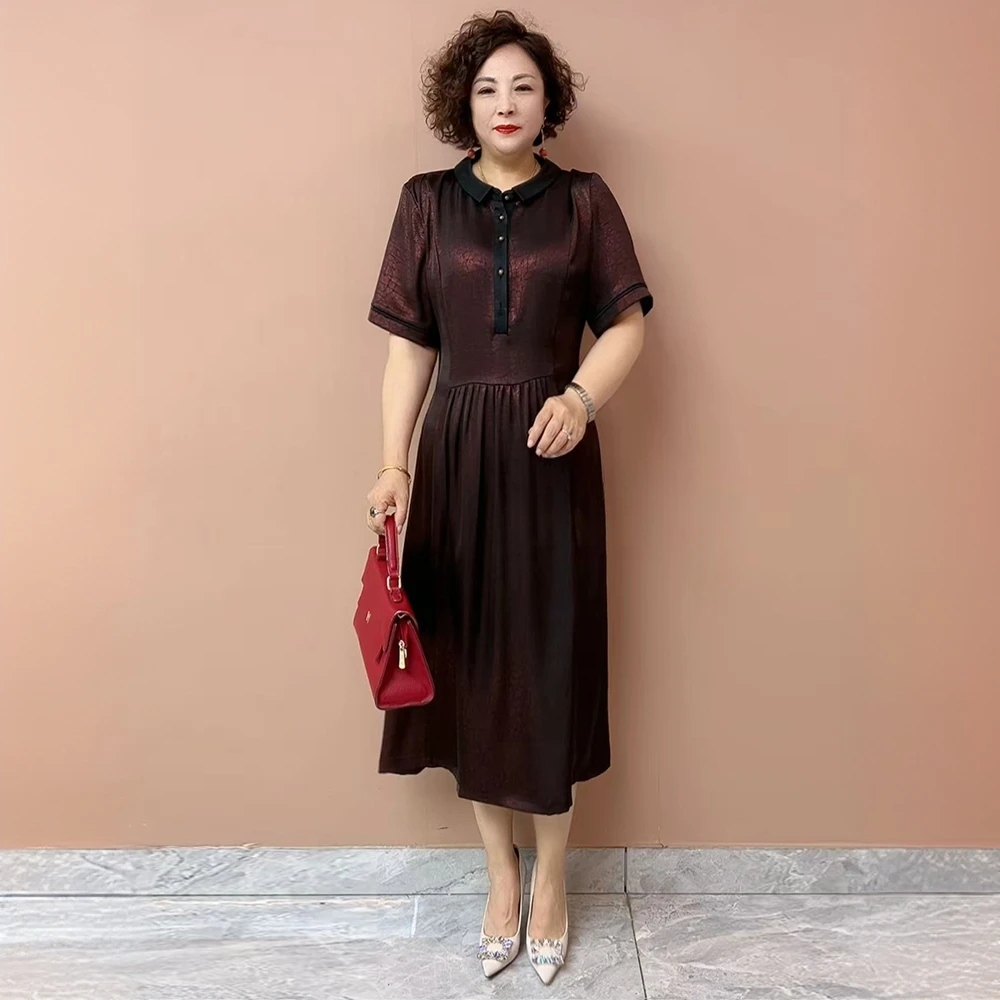 ⑥26中老年短袖连衣裙2025夏季新款洋气妈妈缎面大码长裙子