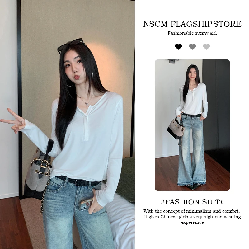 NSCM秋季新款女生韩系ins衣服半开领白色长袖T恤直筒阔腿牛仔裤