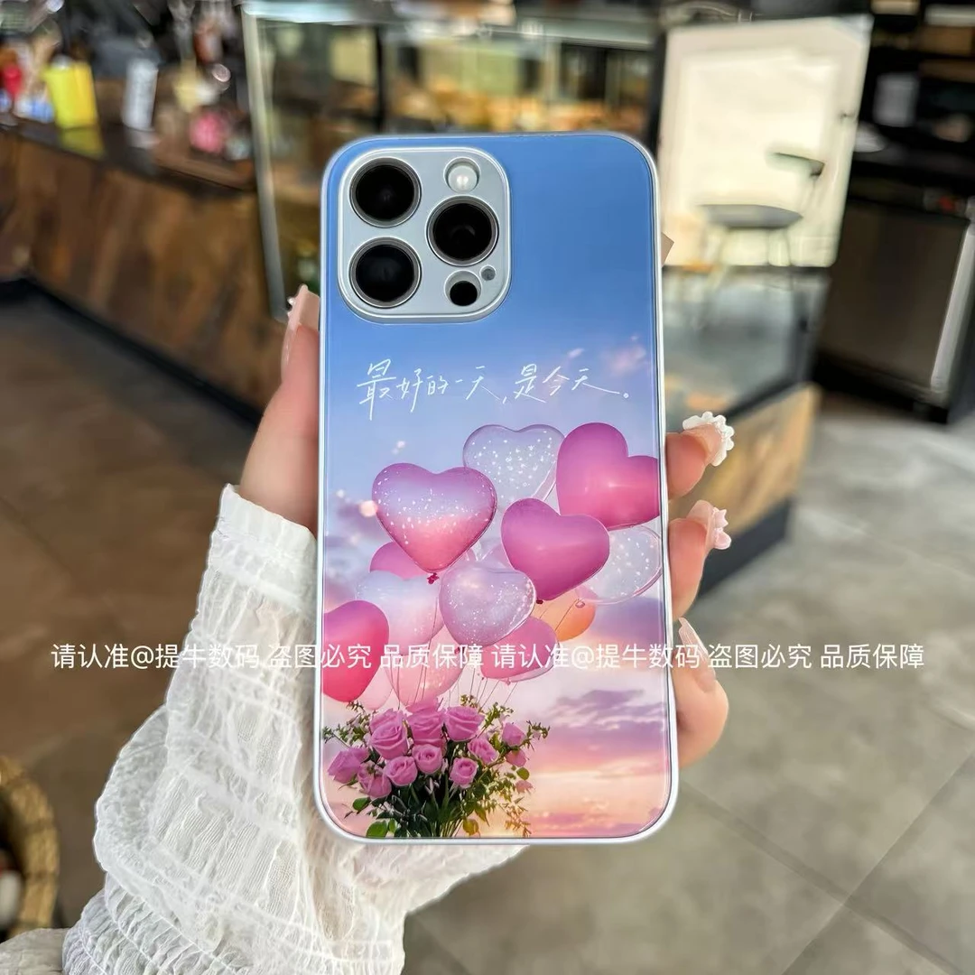 苹果/小米/华为/荣耀/OPPO/VIVO 夏日小清新金属漆钢化玻璃手机壳