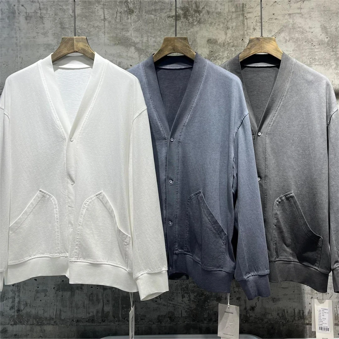 手工成衣染色~纯棉复古做旧无领长袖开衫男女宽松卫衣外套日系