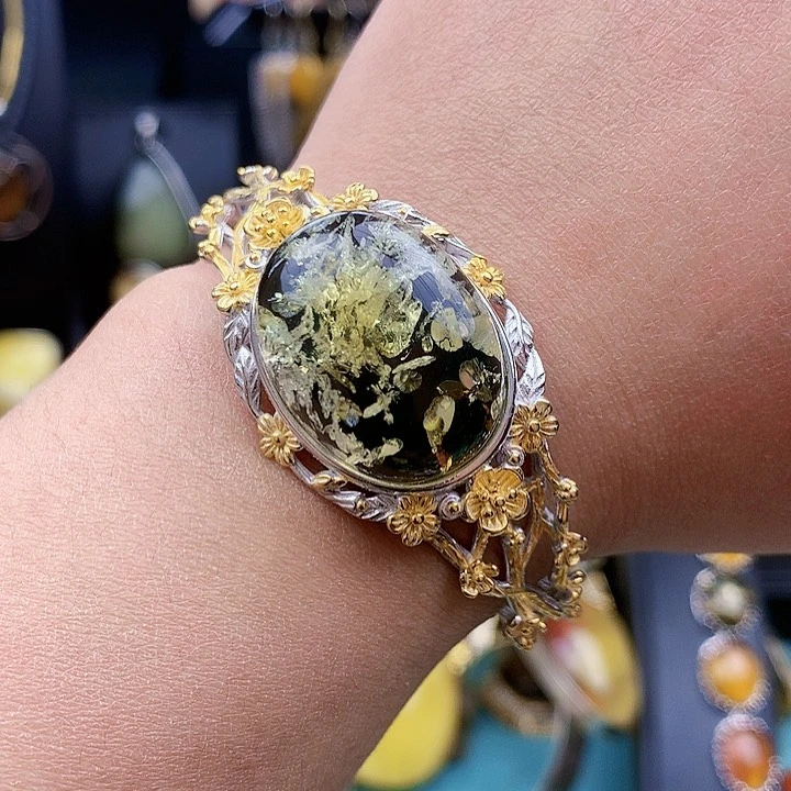 琥珀裸石银S925镶嵌手镯