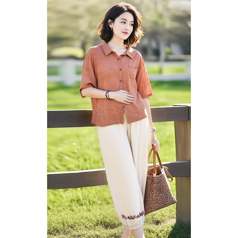 YX#【单/套装】显瘦印花文艺复古两件套时髦棉麻夏季套装DY13455