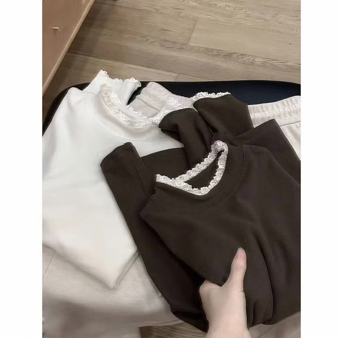 慕斯拜尔绒花边保暖高弹时尚打底衫上衣女百搭长袖冬季新款内搭