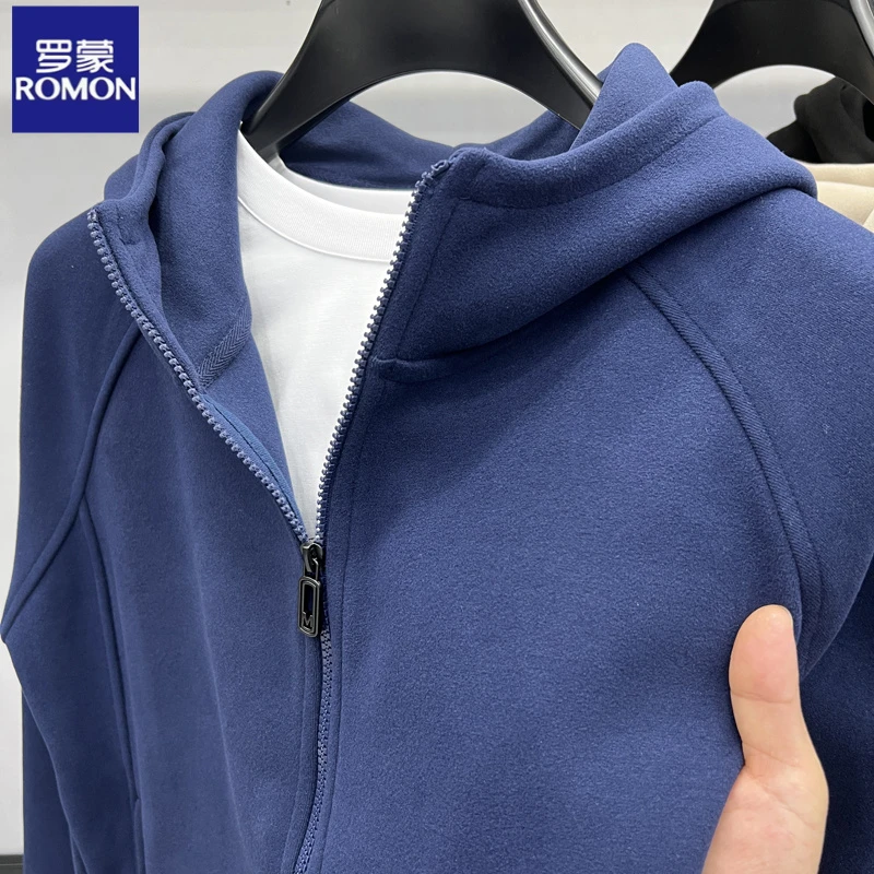 罗蒙秋季新款男士长袖连帽卫衣潮流休闲宽松纯色开衫时尚百搭厚款