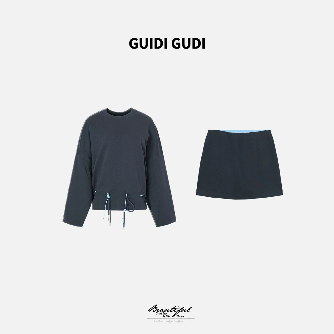 GUIDI GUDI【抽绳遐想】抽绳长袖上衣短裙套装/黄加蓝