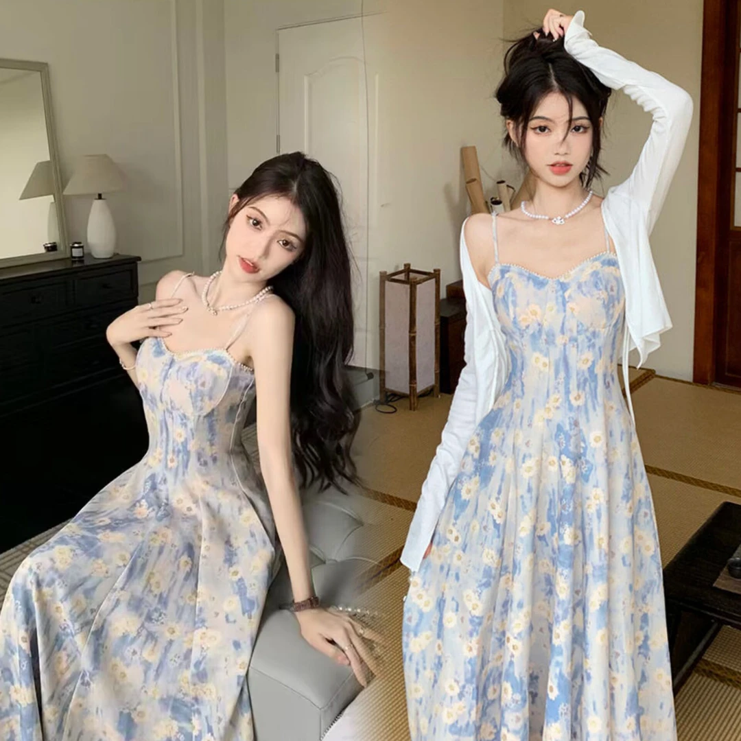 法式蓝色油画碎花吊带复古女春夏季新款收腰画报夫人长款连衣裙