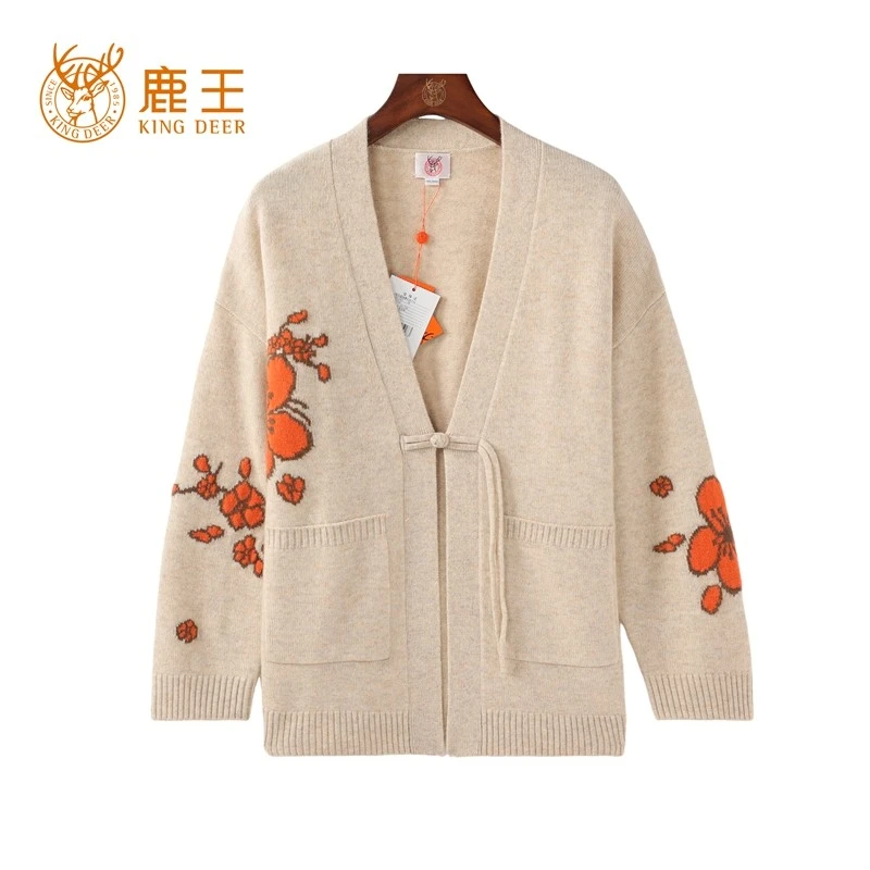 【商场同款】鹿王24新款女V领100山羊绒提花开衫 加厚 912415067