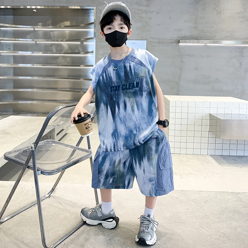 儿童装男童夏装无袖背心套装2025新款中大童扎染拼接字母两件套潮