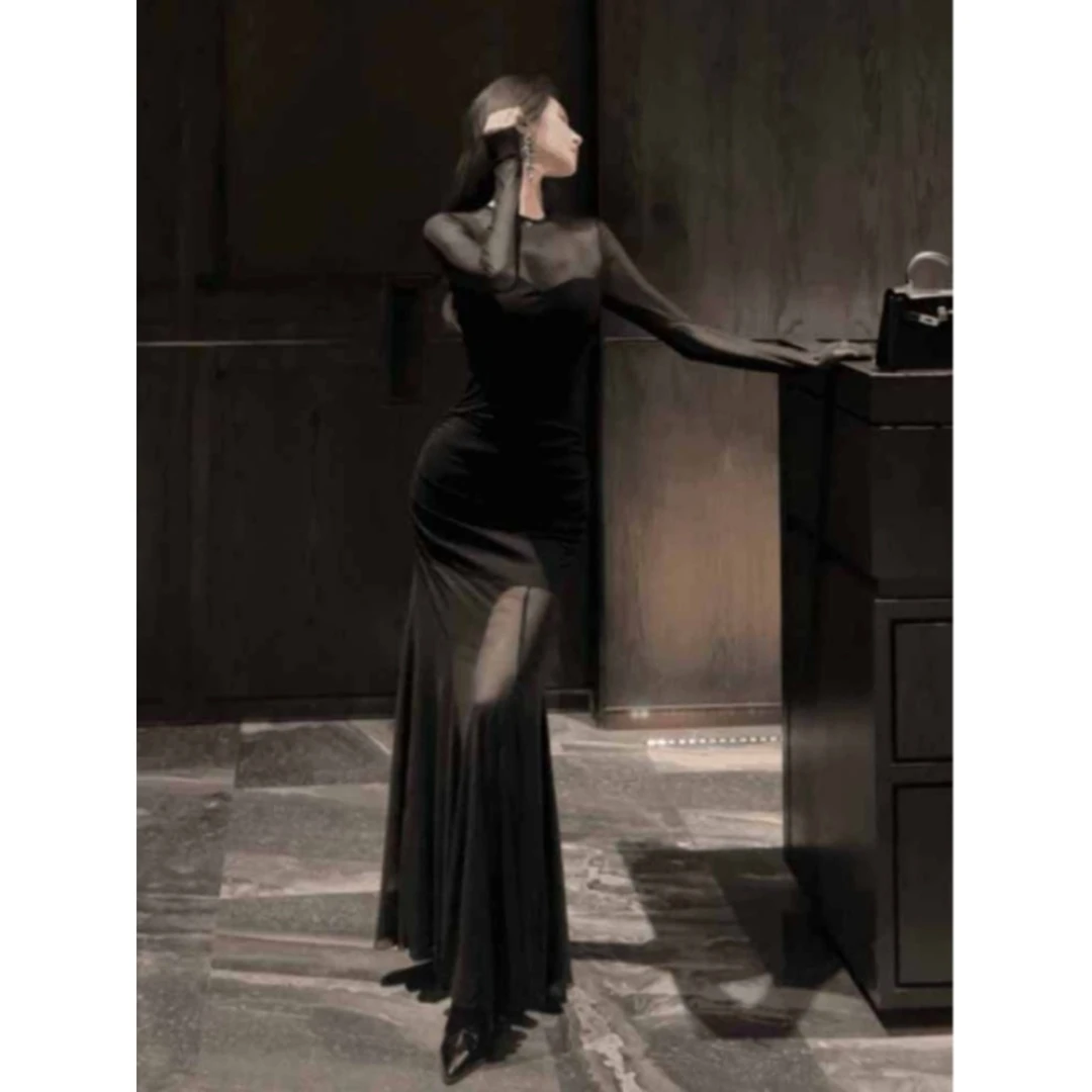 D250纯欲风黑色性感网纱拼接长袖连衣裙风情设计感晚礼服长裙子