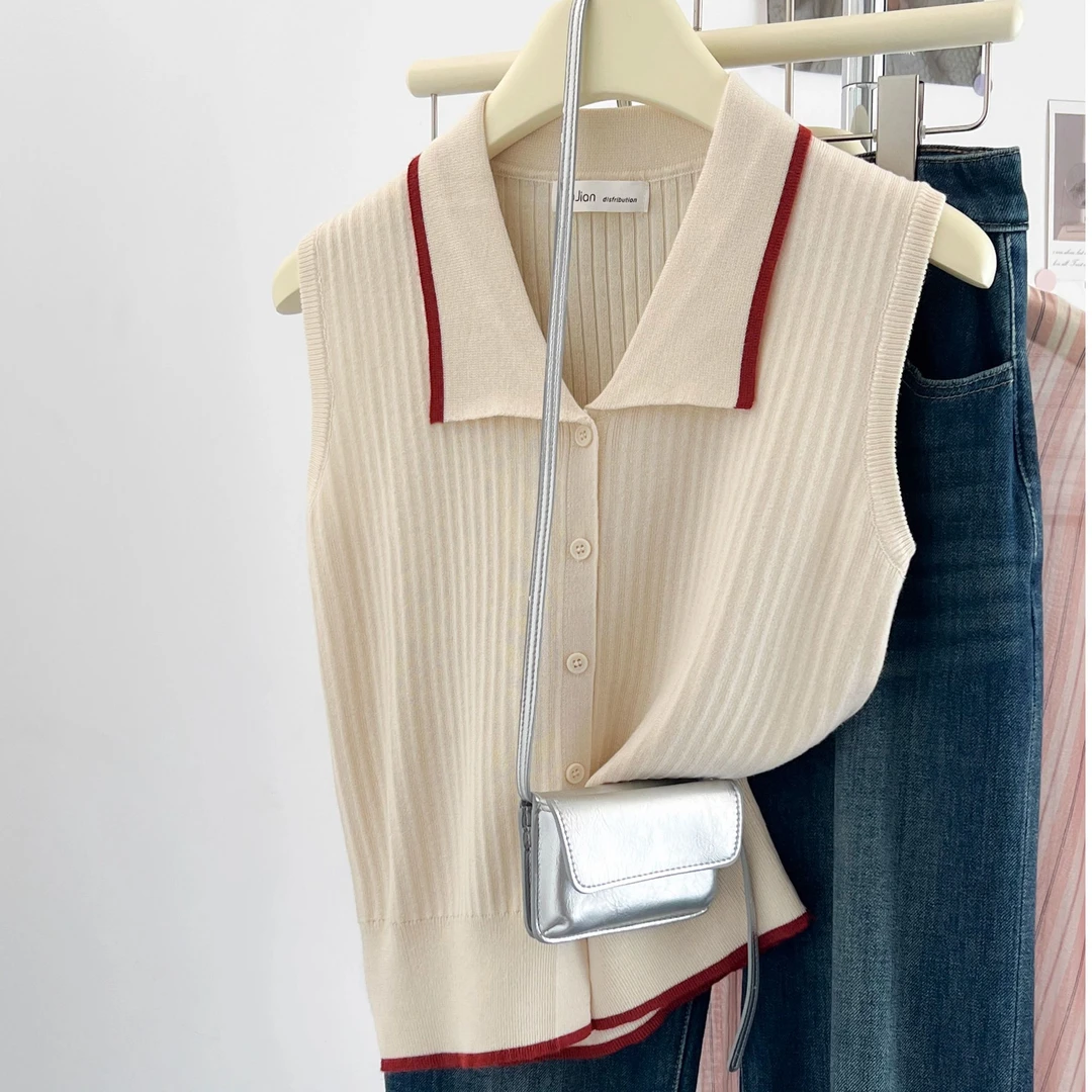 十三行女装小香风气质polo领米白色针织无袖背心夏季叠穿马甲上衣