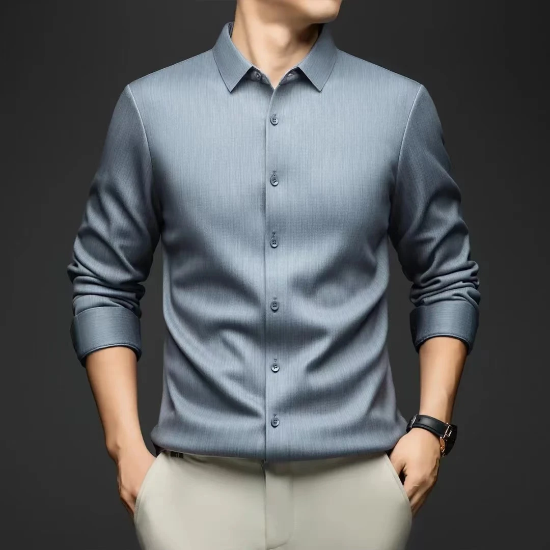 7397富贵竹长青灰加绒加厚冬季长袖中年男士商务衬衫