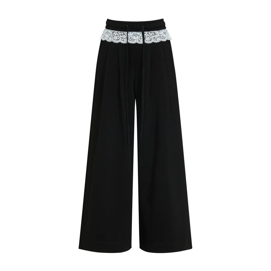 2025秋装春季气质蕾丝花边拼接松紧腰长裤撞色设计休闲高级垂感抽