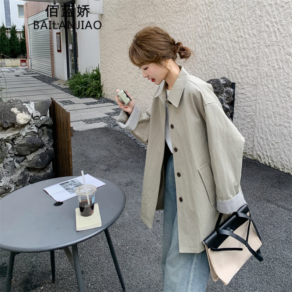 条纹拼接翻领工装风衣外套女春秋2025新款小个子美式高级感夹克