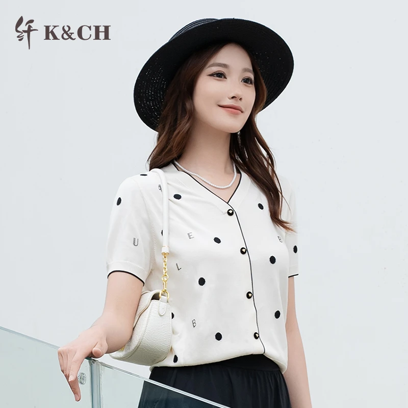 K&CH纤牌女装夏新款V领不起球休闲风毛针织衫薄款8562E883H1