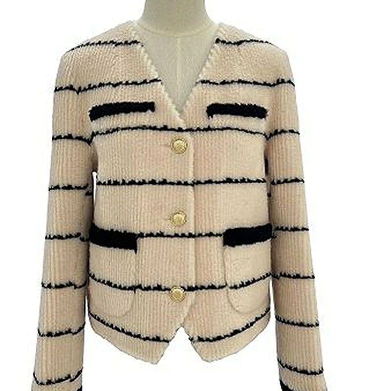 HPLY荷比俪经典V领条纹绵羊毛短外套HVD46521009