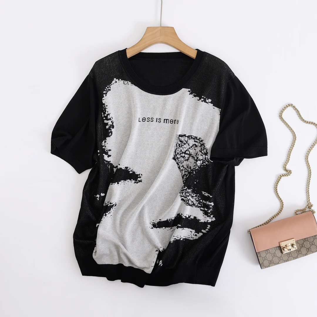 2025款夏季新款简约轻薄透气字母提花短袖针织时尚显瘦加大码