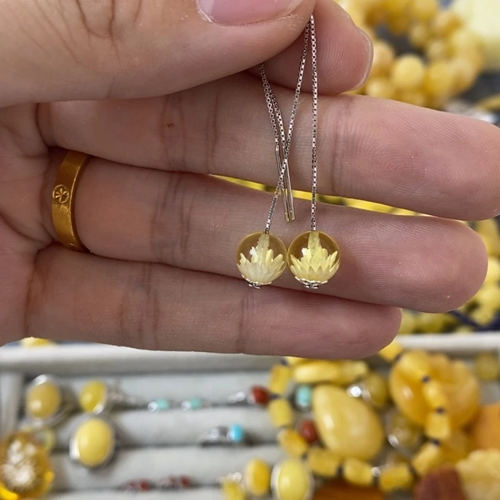 银S925镶嵌蜜蜡裸石耳线