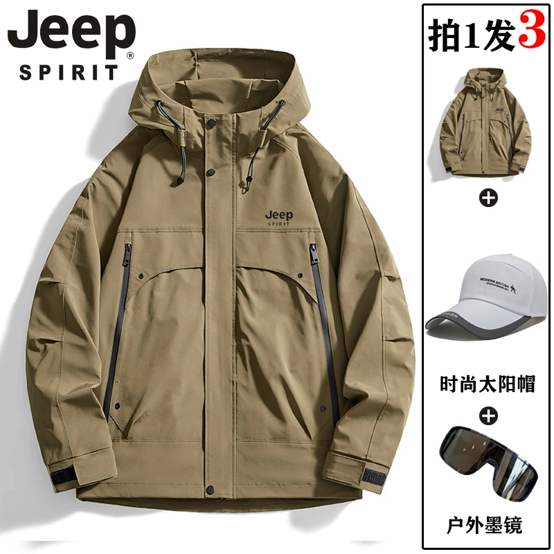 吉普JEEP SPIRIT春秋季情侣冲锋衣防水连帽男女户外登山防风外套