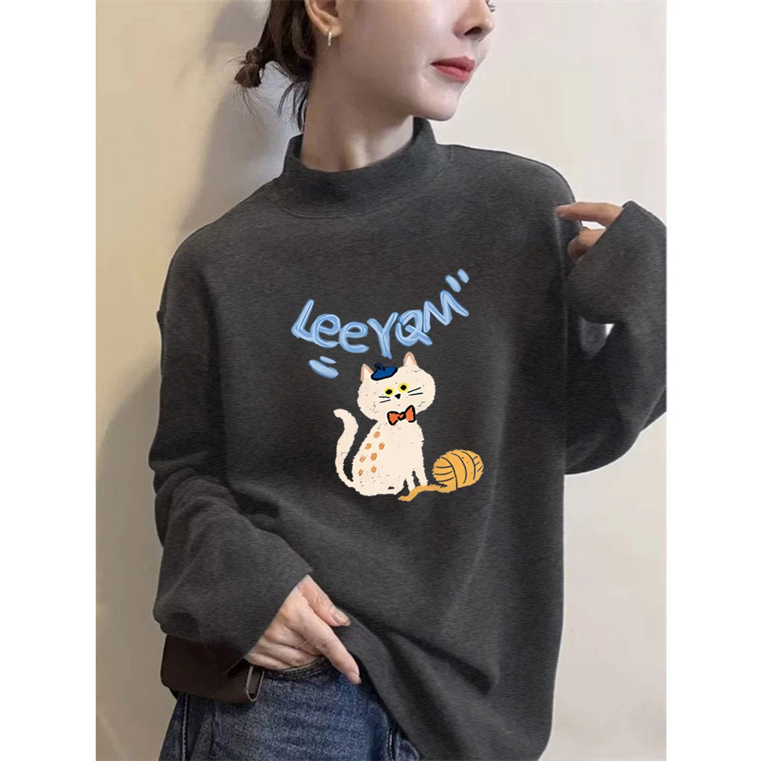 德绒半高领磨毛长袖t恤女时尚百搭花灰上衣加厚内搭打底衫秋冬季