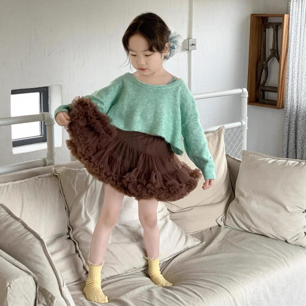 甜小七女童2025秋季韩系甜美针织上衣气质蓬蓬裙tutu半身裙套装