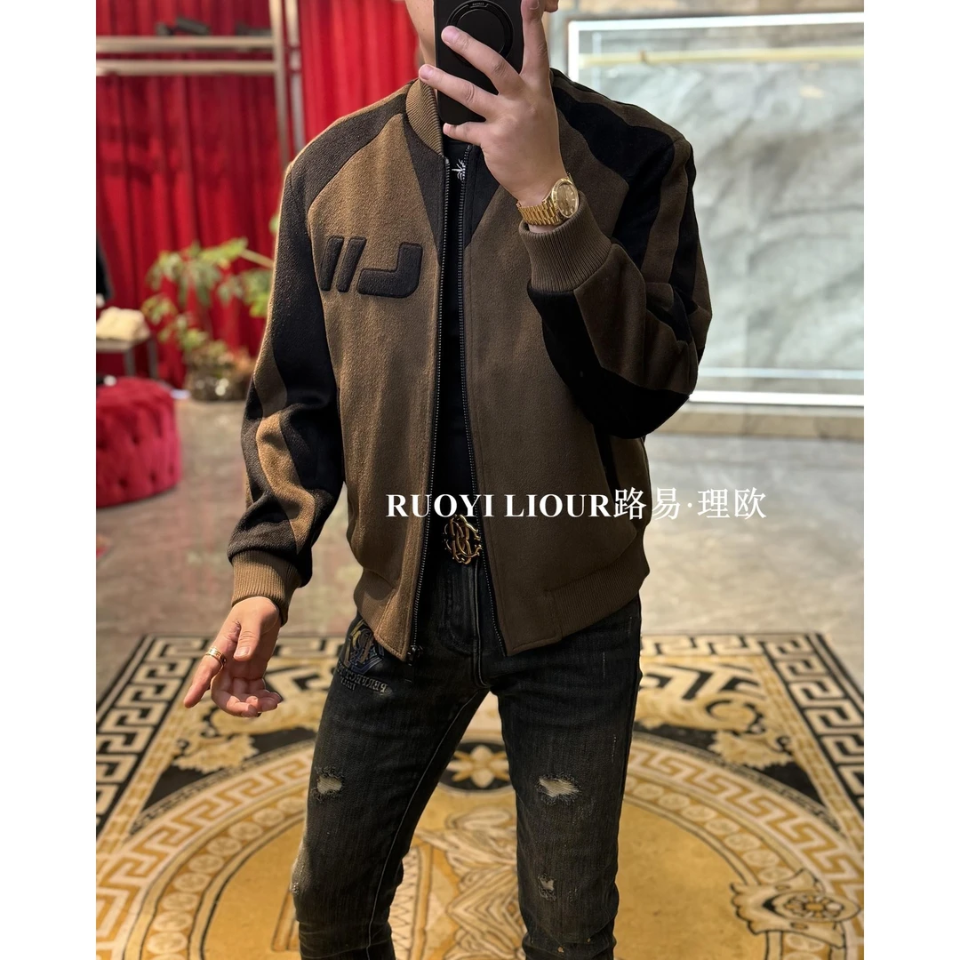 【路易理欧】欧货时尚轻奢潮流拼接胸标百搭休闲夹克82031