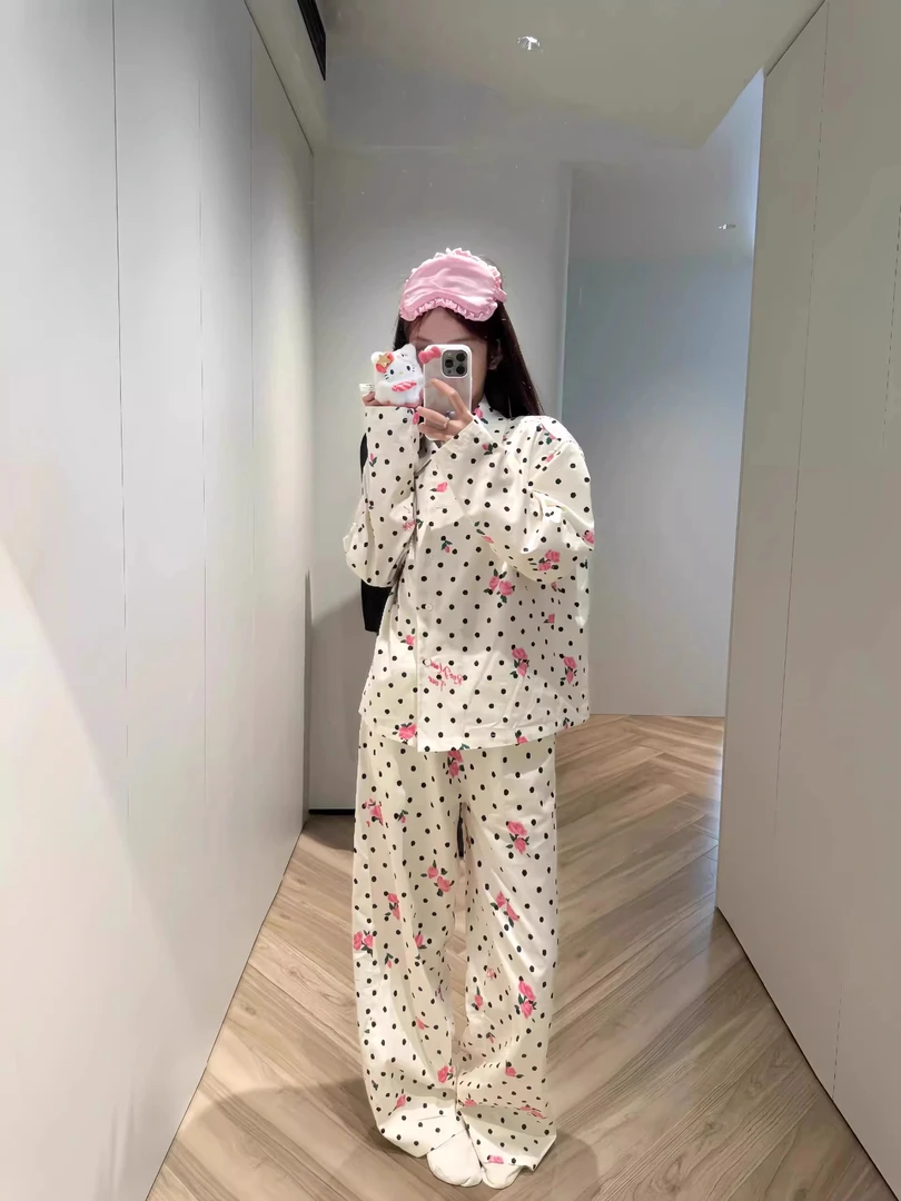 少女纯欲甜美波点印花长袖睡衣女冬季新款家居服大码长裤外穿套装