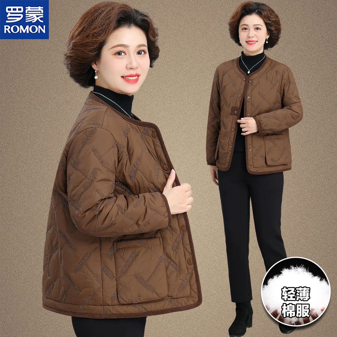 罗蒙品牌妈妈秋装夹棉外套中老年人轻薄棉衣春秋季新款休闲女上衣