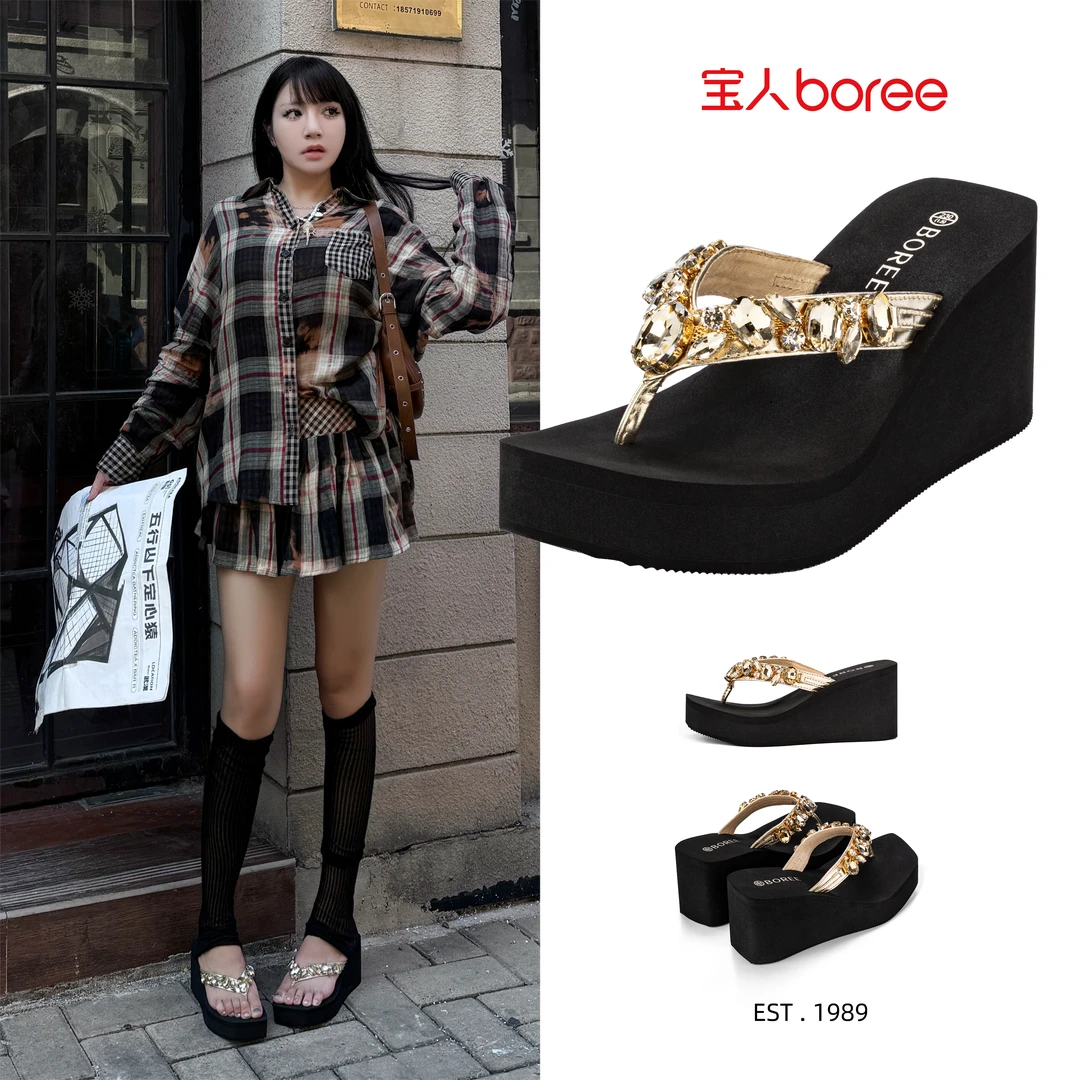 Boree/宝人人字拖韩版高跟休闲厚底夏季水钻女士休闲风软底防滑