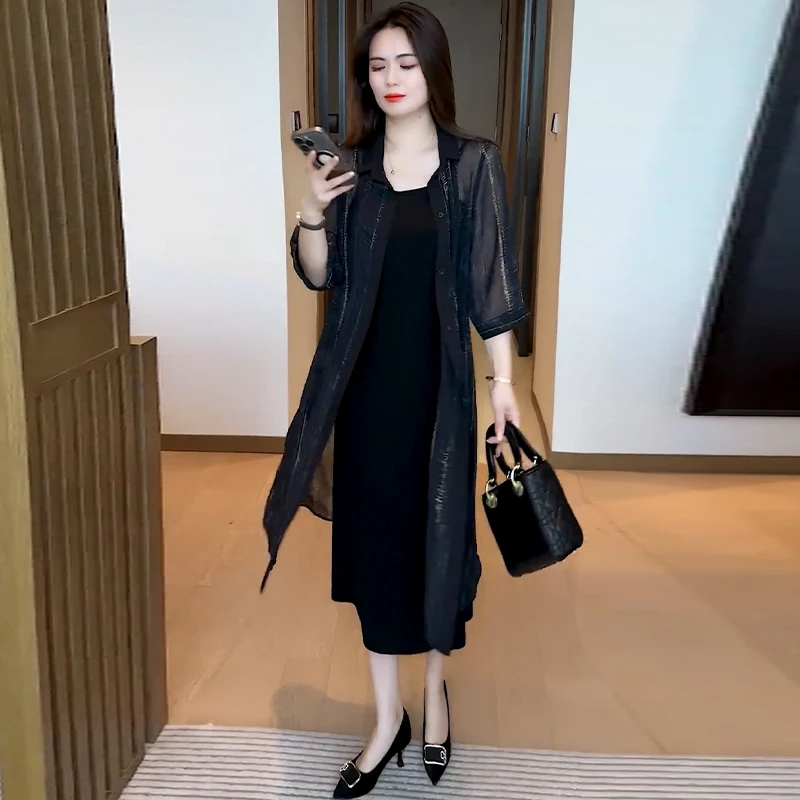 时尚连衣裙套装女2025夏季时髦洋气宽松显瘦外披气质吊带裙两件套