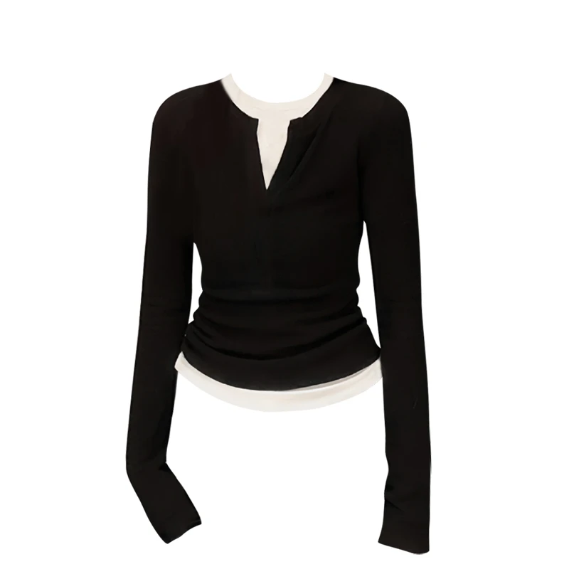 拼接撞色假两件长袖T恤女修身圆领内搭打底衫设计感收腰紧身上衣