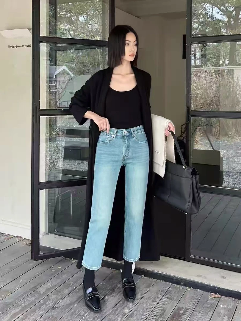83055#四面弹植绒款 韩版高腰直筒九分烟管裤 显瘦牛仔裤女