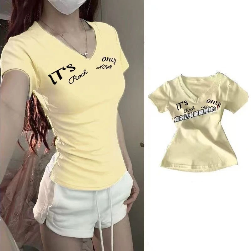 美式2025夏季收腰紧身辣妹字母印花短袖修身V领T恤衣服女装夏季