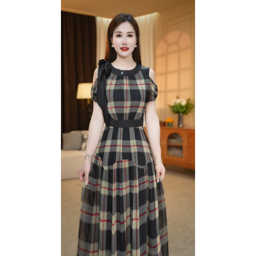 【连衣裙】夏季新款圆领露肩气质修身减龄通勤中长款连衣裙M-4XL