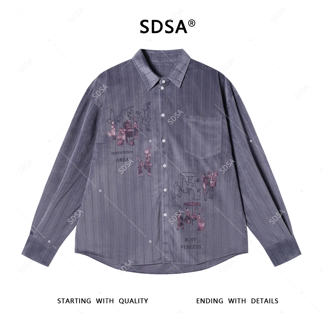SDSA男士2025新款轻奢痞帅男装人物字母印花条纹纽扣衬衫百搭衬衣