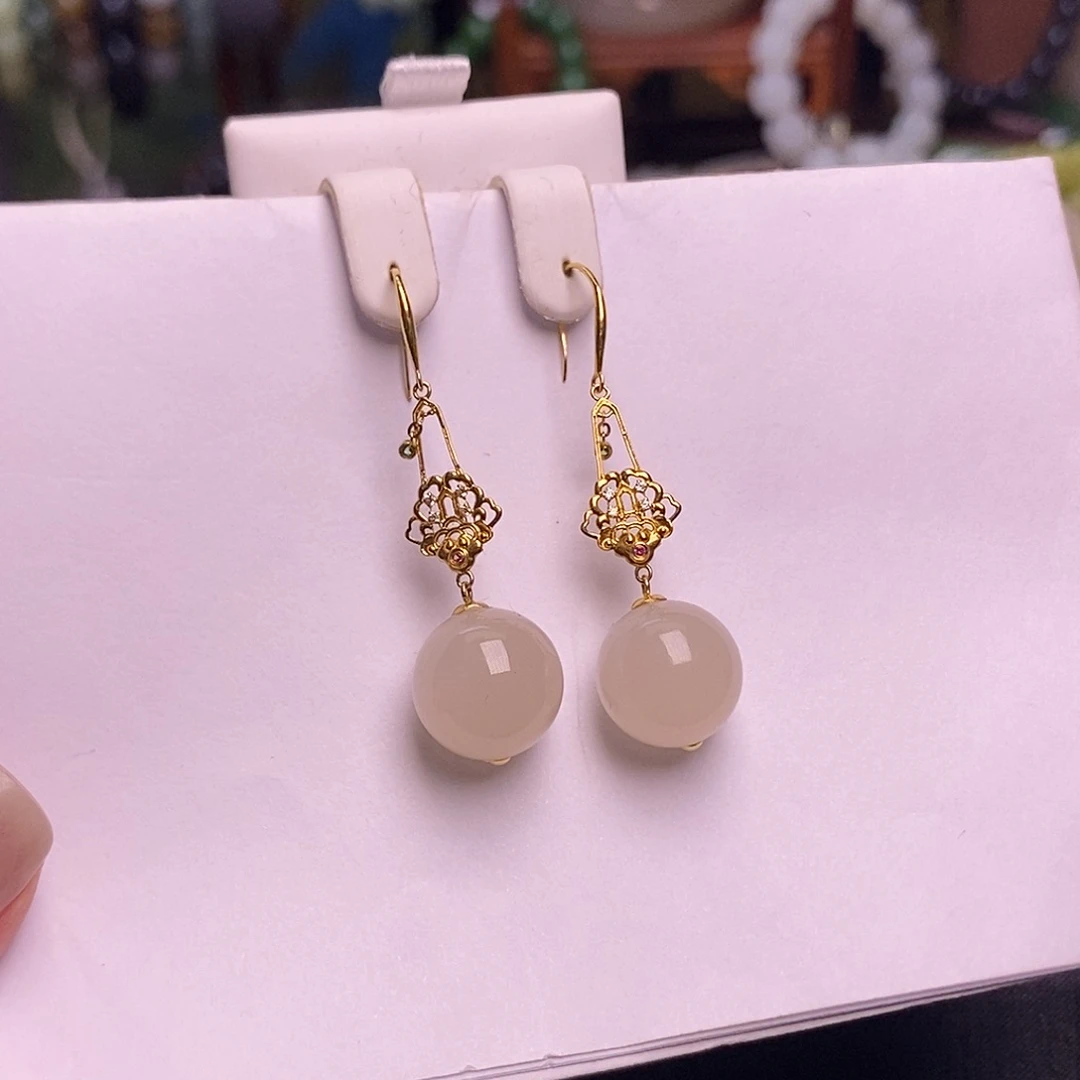 和田玉未镶嵌颈饰熟藕粉金镶耳坠12mm