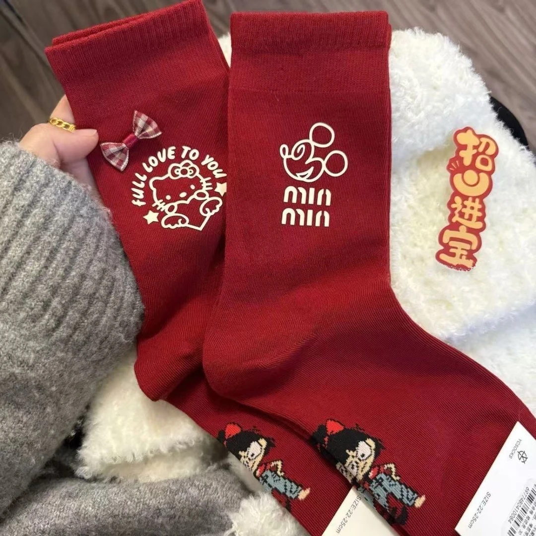 蛇年大吉红色新年袜女袜子米奇kitty猫简约洋气ins本命年卡通中