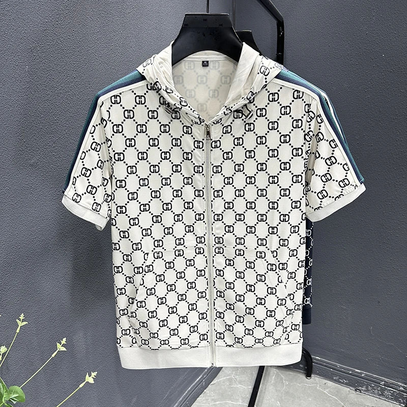 潮牌男士开衫印花T恤韩版连帽时尚半截袖夏轻奢拉链衫青年短袖男t