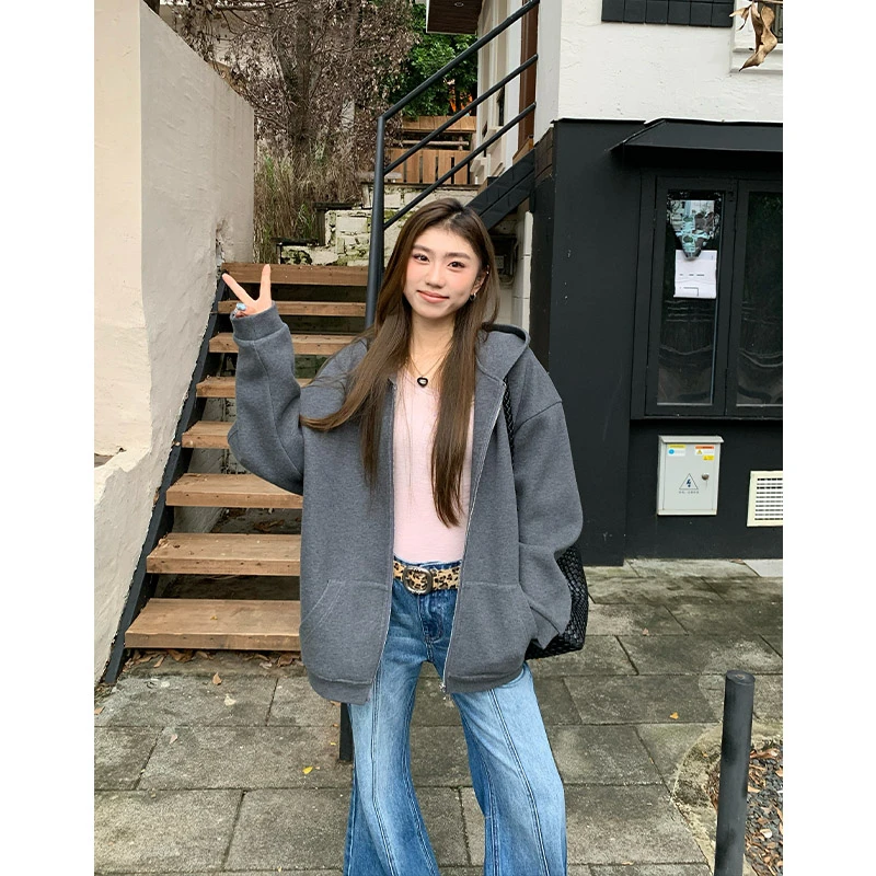 橘子树在哪儿美式重磅连帽纯色开衫女秋季款松弛慵懒百搭气质外套