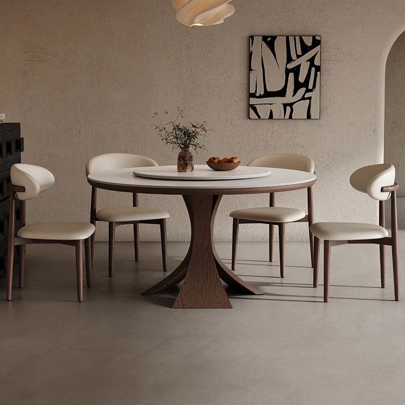 中古风圆桌实木纹理圆形岩板餐桌法式复古奶油家用高端带转盘饭桌