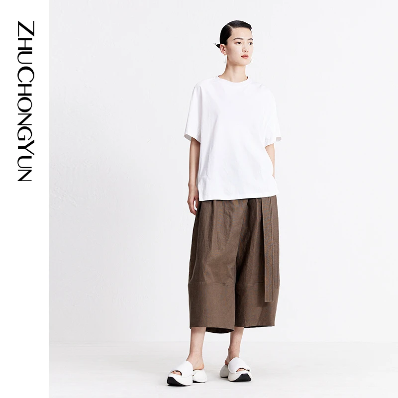ZHUCHONGYUN2023秋新款亚麻肌理简约阔腿纯色宽松七分裤C1DE30605
