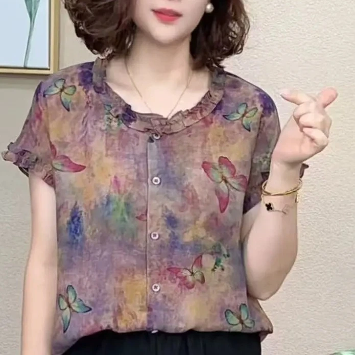 2025夏季新款时尚洋气复古圆领印花短袖小衫气质百搭减龄女士上衣