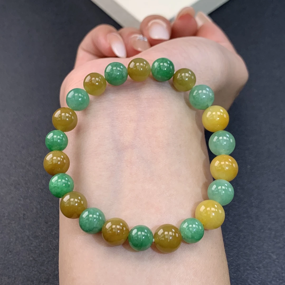 珠链推荐·黄加绿圆珠手串卡9mm翡翠玉石缅A气质绿色黄色