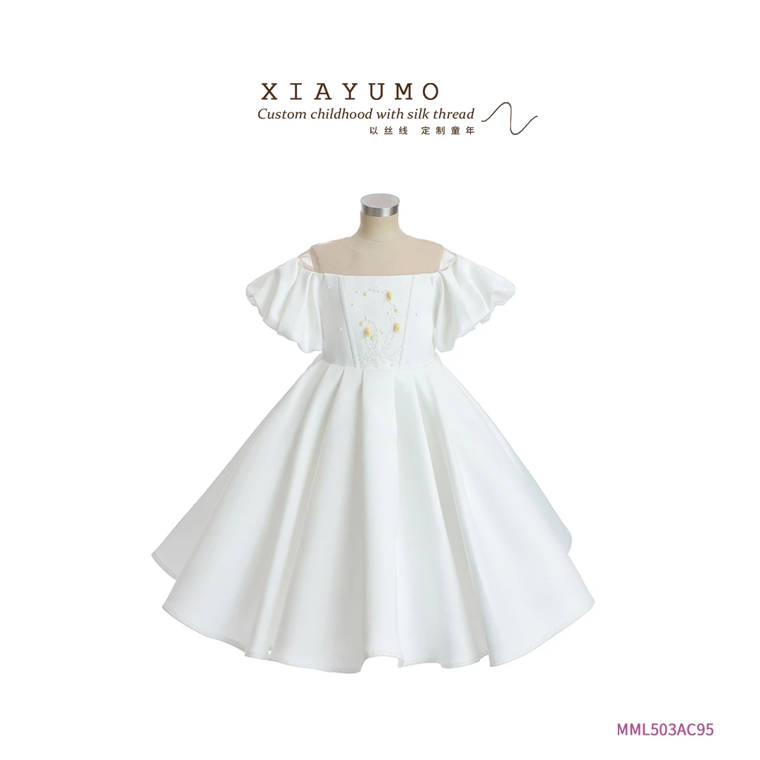 夏羽墨女童白色缎面公主欧美风夏季礼服生日女童服装公主风礼服