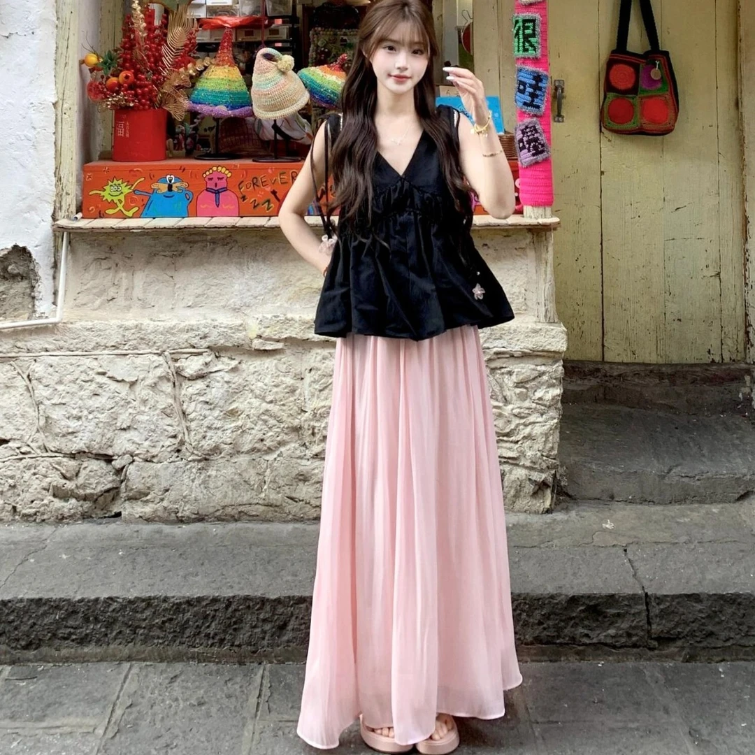 高级感纯欲风时尚套装女夏季款黑色吊带上衣粉色半身裙两件套8765