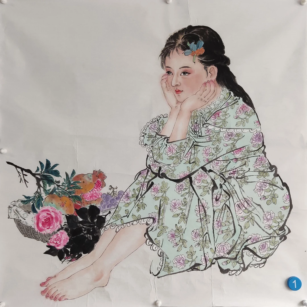 纯手绘国画作品写意仕女人物四尺斗方现代美女69X69cm宣纸无题款