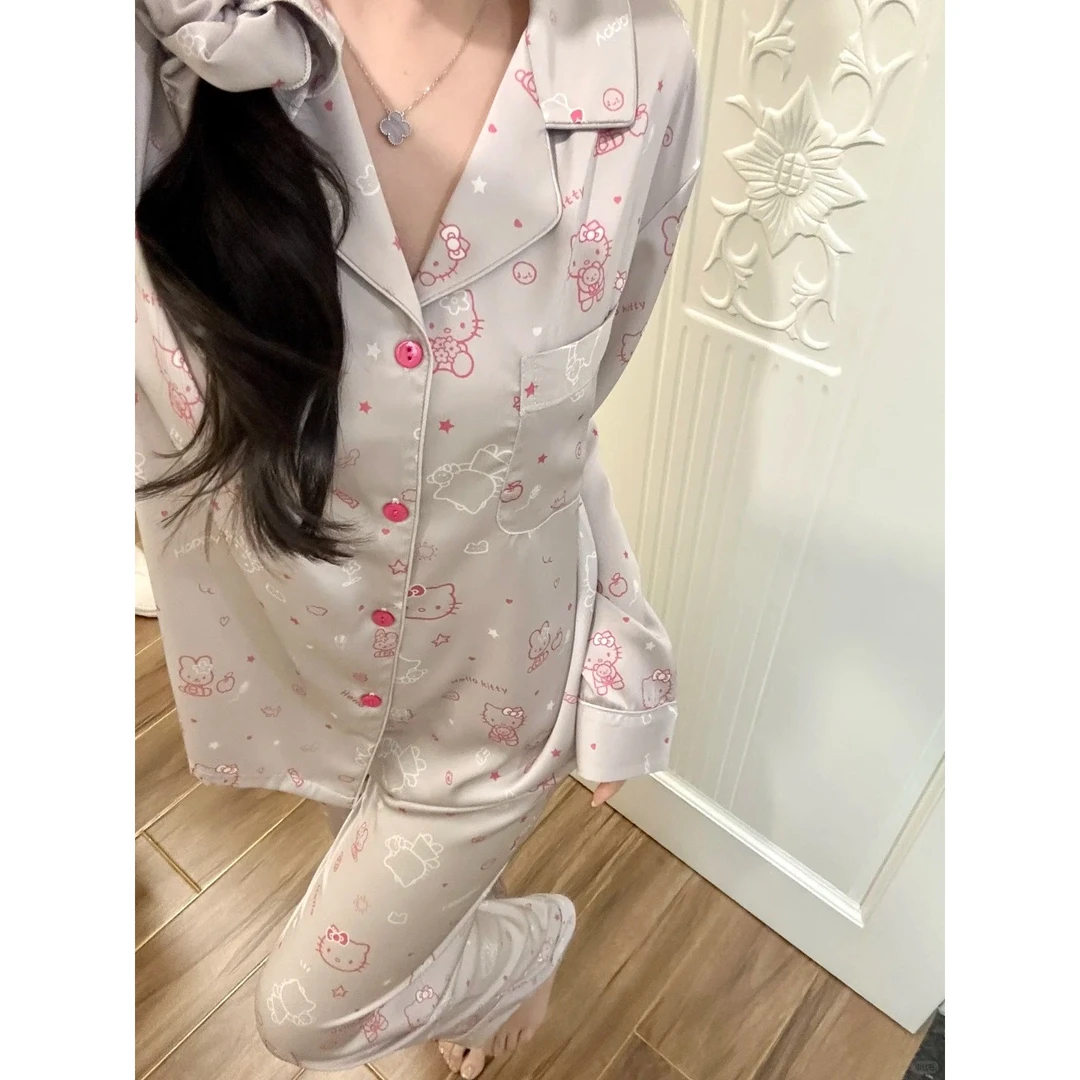 2025春秋季新款网红高级凯蒂猫冰丝睡衣女甜美卡通印花套装家居服