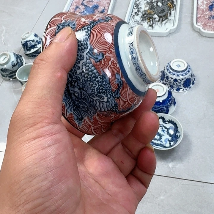 杯釉里红麒麟踏浪大压手杯