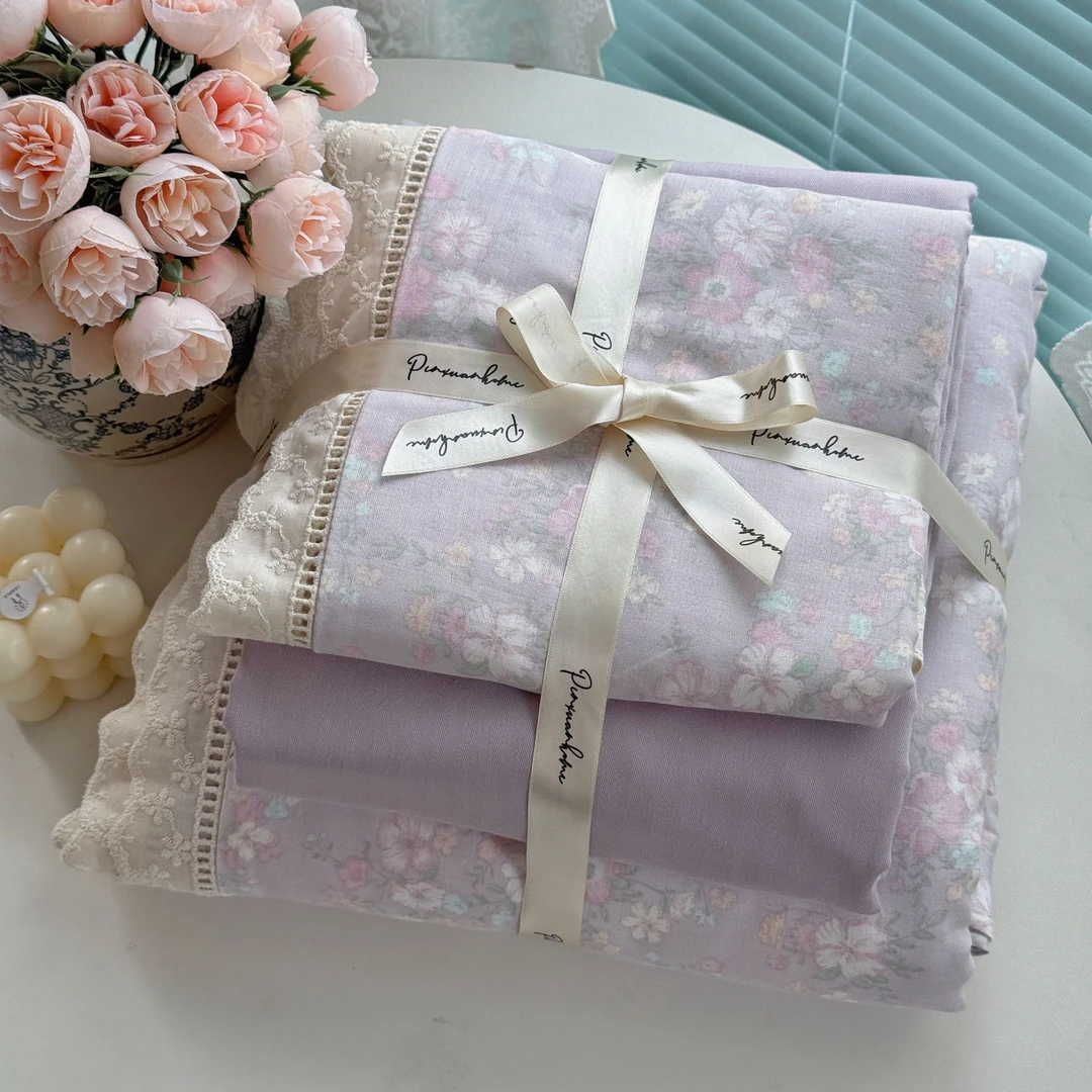 小玲子 山花漫 全棉双层纱三件套四件套 花边印染工艺 小清新风