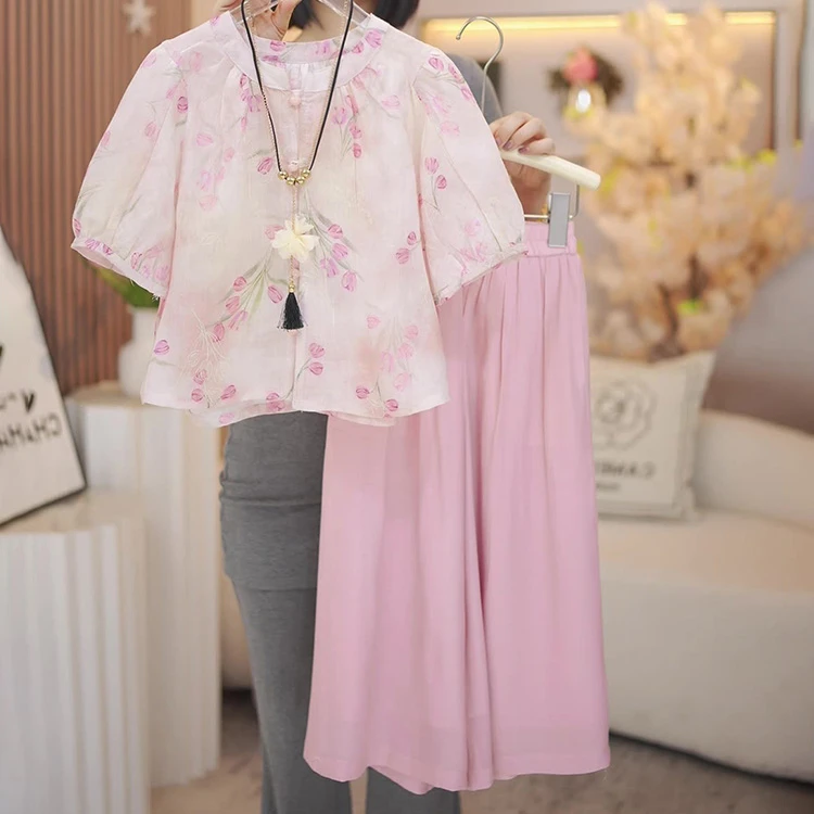 女童夏装2025新款套装韩版洋气碎花国风中式衫休闲阔腿裤两件套